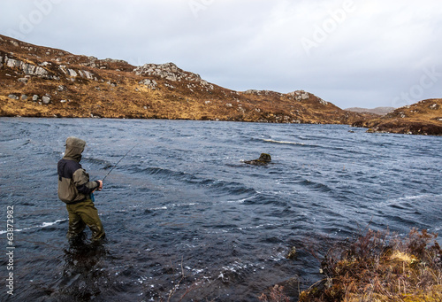 Man fishing for trout and salmon in a Scottish loch
