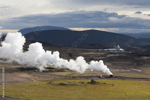 Landscape in Iceland with a plume of smoke, Krafla geothermal po