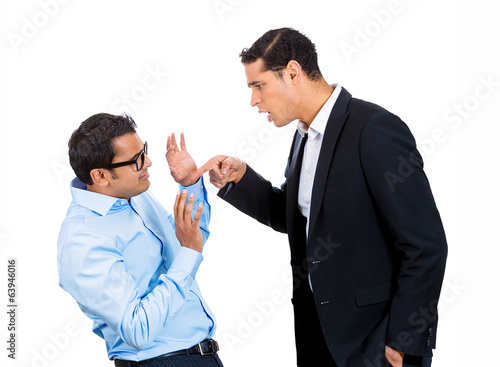 Bullying the nerd at wok, two men isolated on white background 