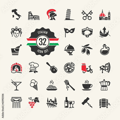 Travel - web icon set. Attractions, food and culture of Italy.