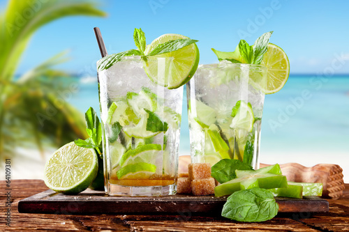 Fresh mojito cocktail on wood