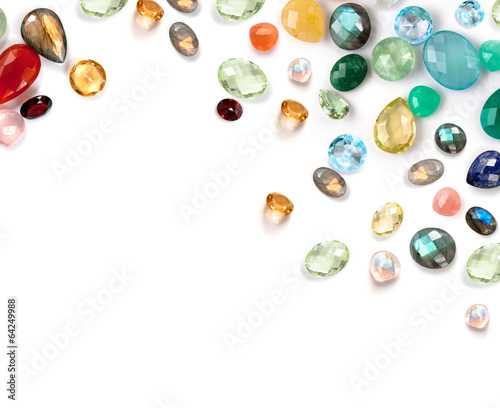 Beautiful real gemstones compostion on white background.