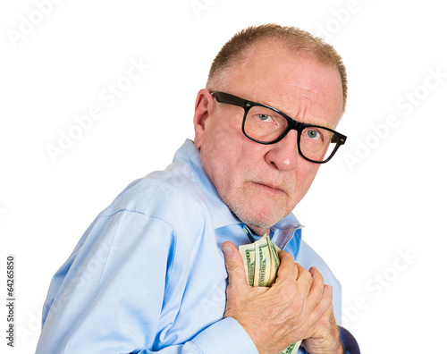 Portrait, headshot Stingy senior man, holding, smelling money