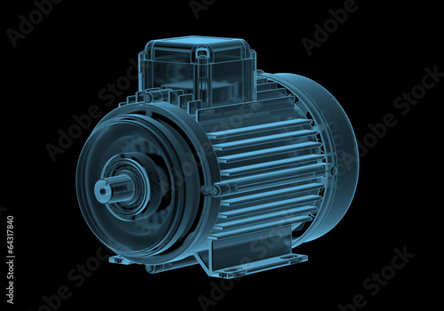 Electric motor with internals x-ray blue transparent