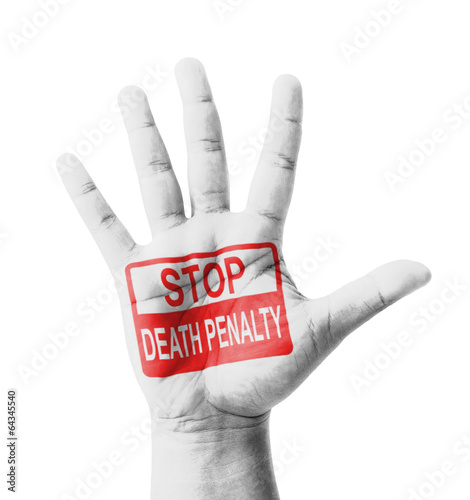 Open hand raised, Stop Death Penalty sign painted