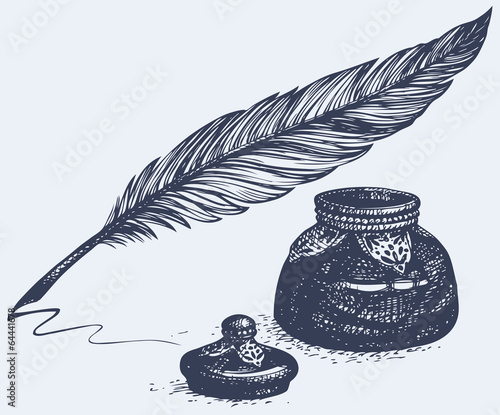 Vector freehand drawing of ancient pen and inkwell