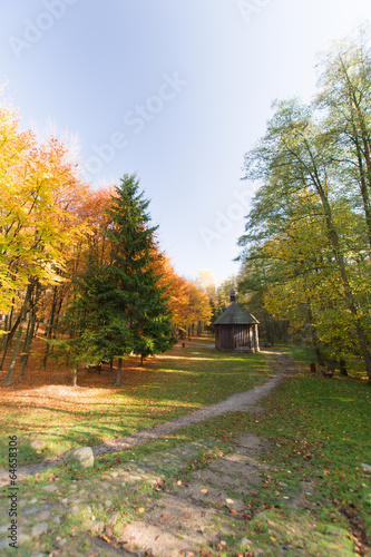 Drewniane kapliczki w lesie Łagiewnickim, okolice Łodzi, jesień