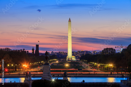 Washington DC city view at sunset, including Washington Monument