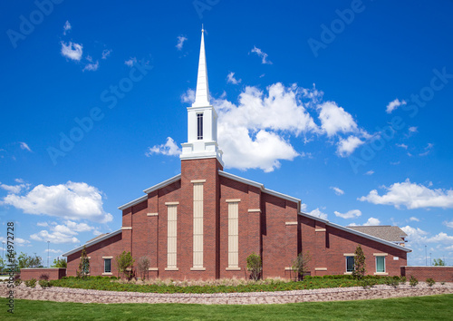 Mormon church against blue sky