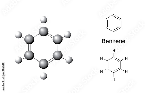 Structural formulas and chemical model of benzene molecule