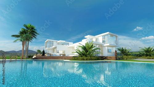 Beautiful idyllic white tropical villa and pool