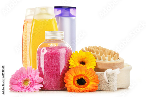 Plastic bottles of body care and beauty products