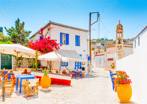 wooden boat out of a taverna in Hydra island in Greece