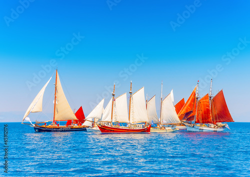 several Old wooden sailing boats in Spetses island in Greece