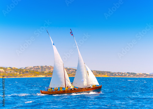 Classic wooden racing sailing boat, in Spetses island in Greece