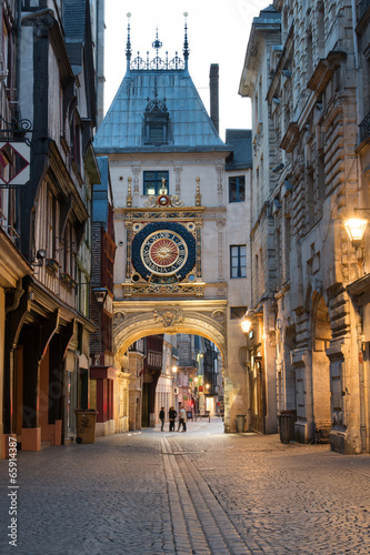 Famous Gros Horloge street with astronomical clock tower, Rouen