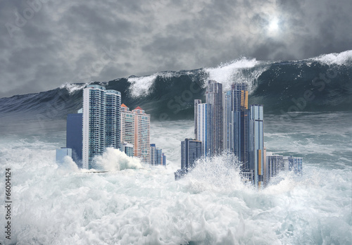 Apocalyptic scene of city submerged by tsunami