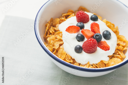 Healthy breakfast with cereals and berries in an enamel bowl