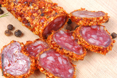 closeup of dried spicy sausage