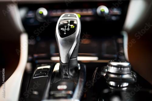 Detail of an automatic gear shifter in a new, modern car