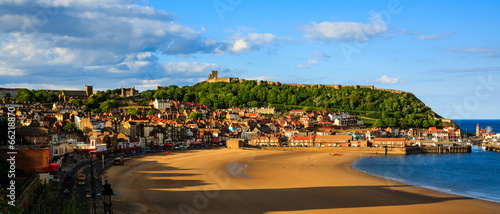 Scarborough beach, castle and harbour view