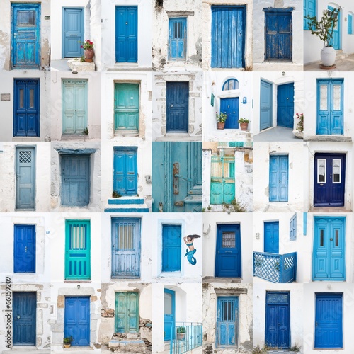 Collage griechischer Holz Türen: blau, türkis, grün