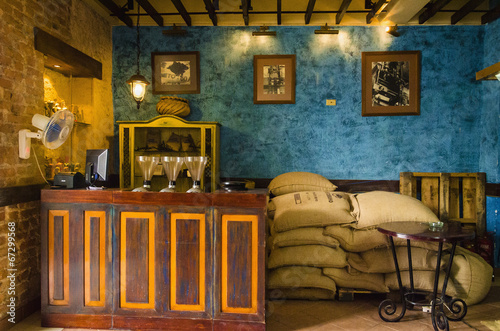 Interior of a typical cafe in Havana with coffee bags