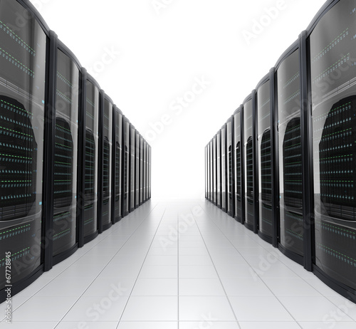Rows of blade server racks on white background