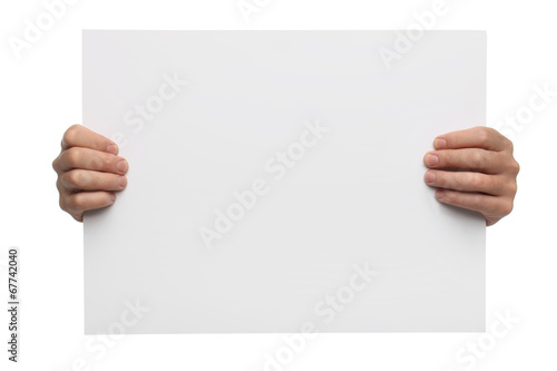 Male hands holding blank paper isolated on white background