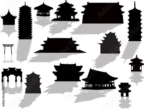 isolated pagoda silhouettes with shadows