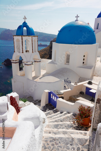 view of caldera with stairs and church, Santorini