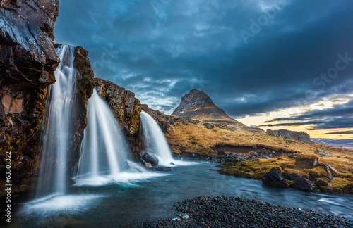 waterfalls and kirkjufell, sunrise, Iceland