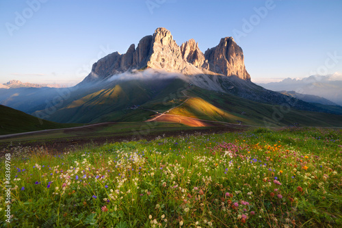 Sassolungo mountain peaks at sunrise