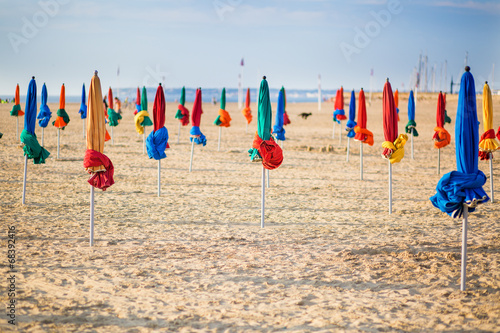 The famous colorful parasols on Deauville Beach