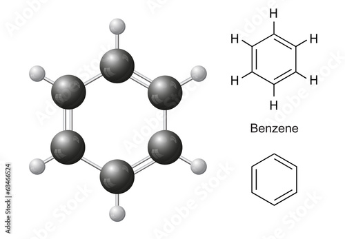 Structural chemical formulas and model of benzene molecule