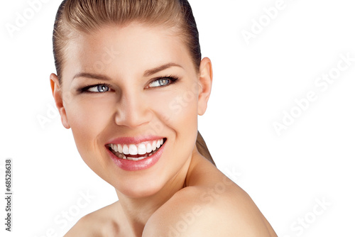 Teeth whitening and cure. Close-up of happy smiling woman