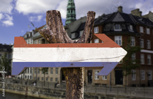 Netherlands wooden sign with a city background