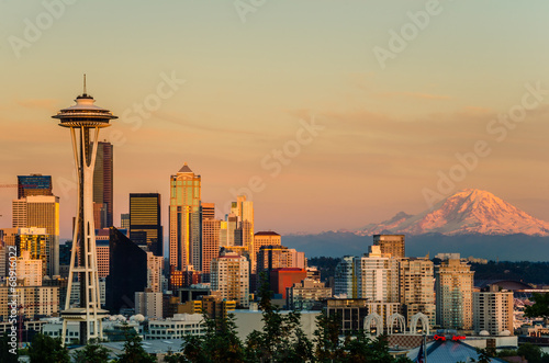 Sunset over Seattle and Mount Rainier