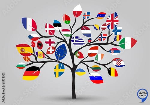 Leaf flags of europe in tree design. Vector illustration.