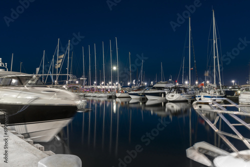 Yacht boats in Marina Sopot town at night, Poland