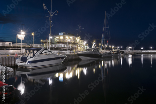 Yacht boats in Marina Sopot town at night, Poland