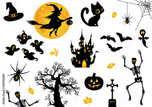 Halloween, Icon, Sammlung, Vektor, schwarz, orange