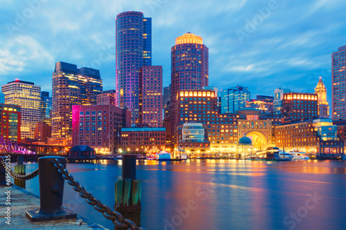 Boston Harbor and Financial District at sunset.