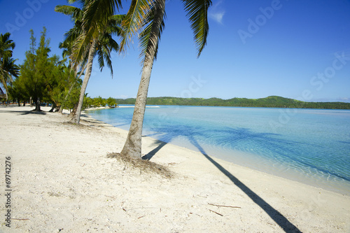 Tropical island resort, palms, sea and sand.