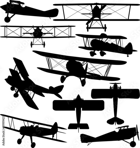 Silhouettes of old aeroplane - contours of biplanes