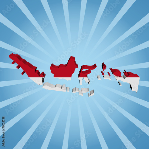Indonesia map flag on blue sunburst illustration