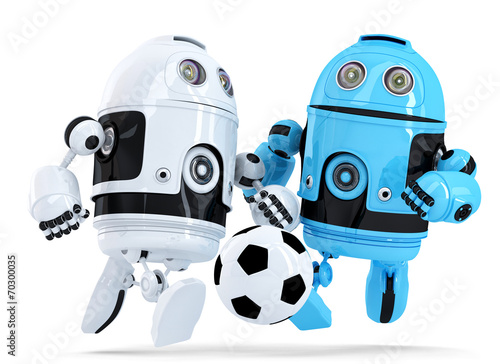 Robots playing soccer. Isolated. Contains clipping path