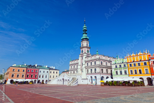 Zamosc, Poland. Historic buildings with the town hall.