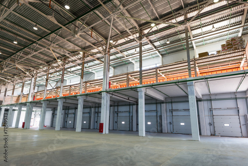 Big automated warehouse, panorama of mezzanine and loading gates or docks, industry concept