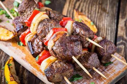 Grilled beef shishkabab skewers